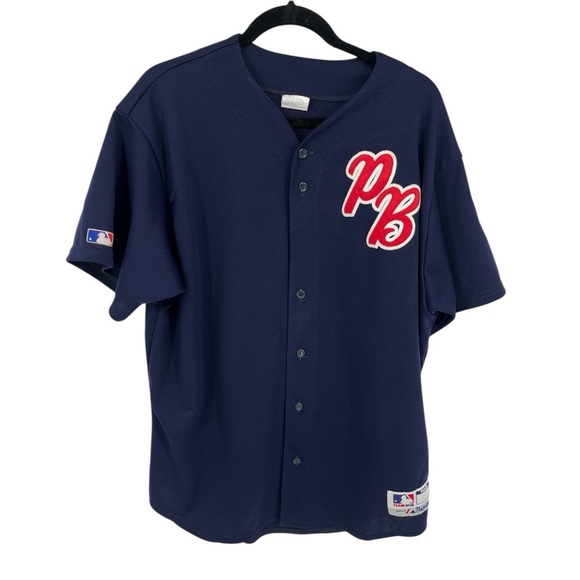 VINTAGE MAJESTIC Baseball Fan Jersey MLB Button Front Red Navy Blue Streetwear - Picture 1 of 8